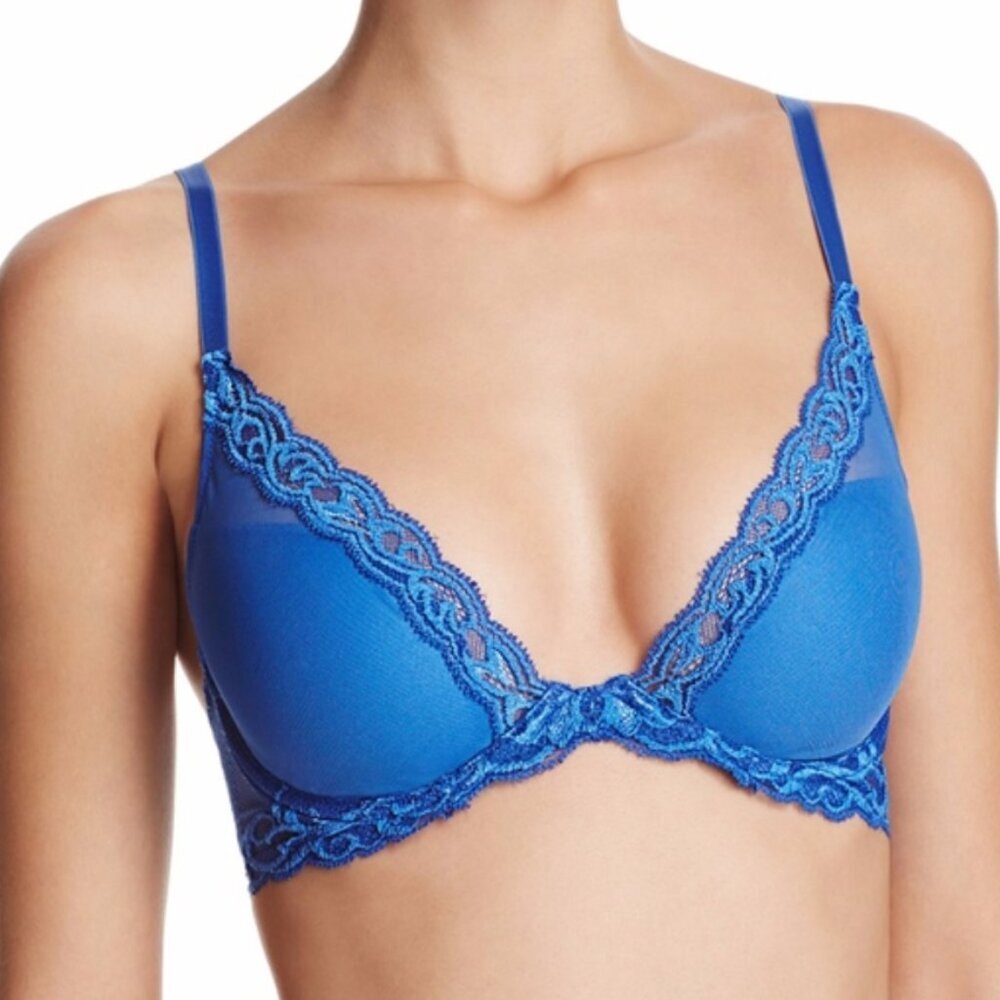 NATORI Feathers Plunge Lace T Shirt Bra in Blue Mesh - Size 34DD